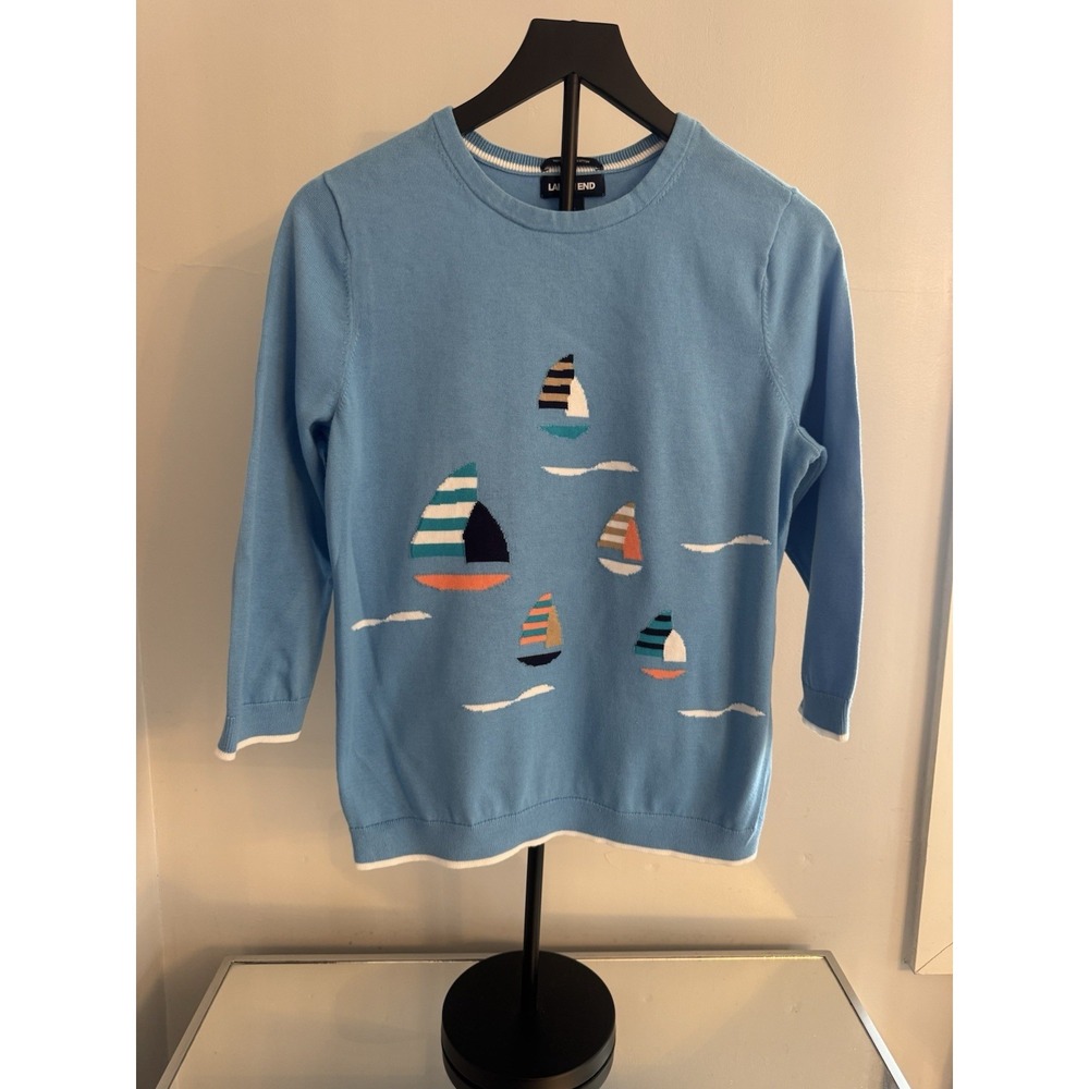 Lands'‎ End Kids Sweater Medium 10-12 Blue Sailboat Nautical Supima Cotton